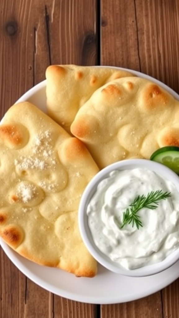 Pita Bread with Tzatziki Sauce Recipe Warm pita bread with a bowl of tzatziki sauce garnished with dill and cucumber slices.